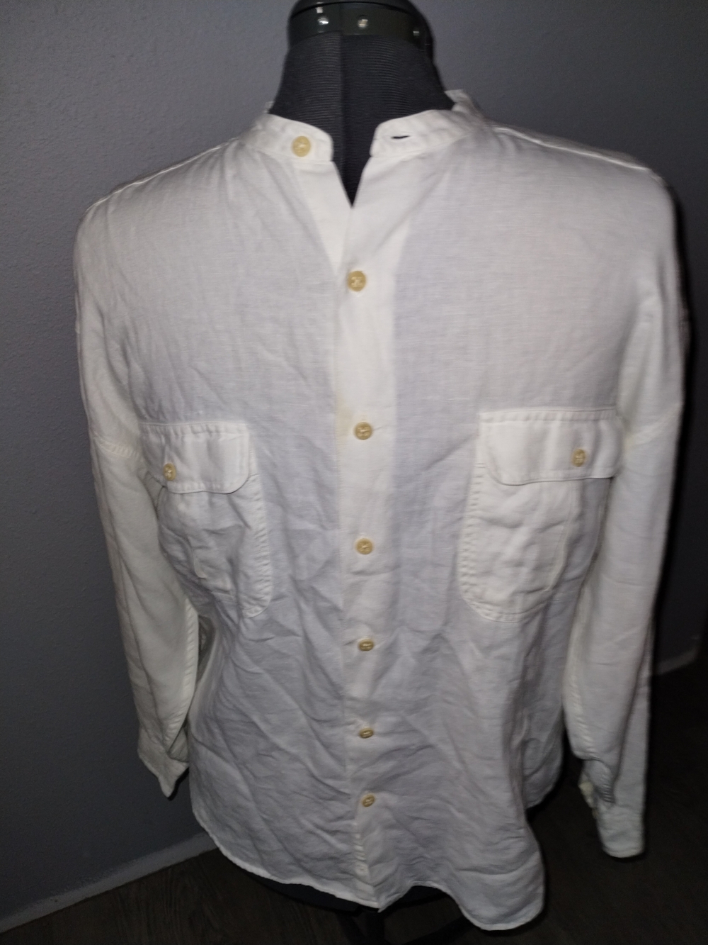 Structure 100% Linen Band Collar Button Down White Shirt